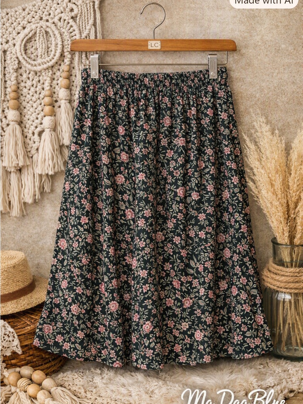 LC Lauren Conrad Black Midi Skirt with Pink Floral Print